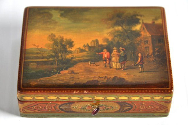 Exquisite French miniature hand-painted box: Exquisite French miniature hand-painted box with the village scene and floral panels, silk lined interior with red gemstone release button, 4"w