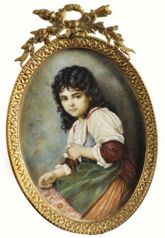 Fine portrait miniature on ivory of a seated young: Fine portrait miniature on ivory of a seated young girl inscribed verso: (L)Ludwig Knaus (German, 1829-1910), "Luisella", 3 1/2"h x 2 1/2"w sight size, in ormolu frame
