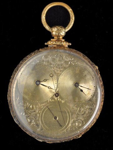 18k gold M.I. Tobias double time zone "Captain's": 18k gold M.I. Tobias double time zone "Captain's" or "Traveler's Watch", single train, sweep seconds with stop, fabulous American eagle engraving on back, engraved gilt dial, fever escapement, metal c