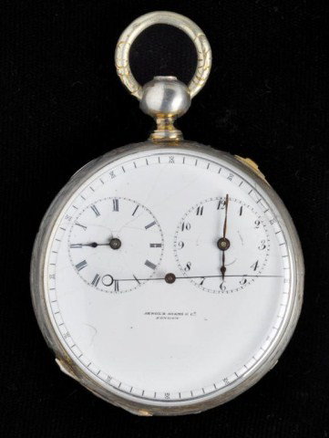 Lot of two single train double-time zone watches: Lot of two single train double-time zone watches, as is: 1. Arnold Adams, Swiss silver open face duplex, missing balance assembly entirely, dial damage; 2. Swiss cylinder, brass hunting case, clean di