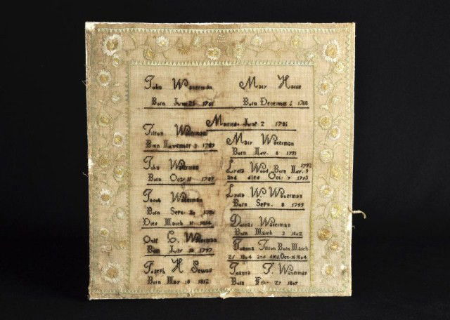 Late 18th century Needlework family register: Late 18th century Needlework family register of the Waterman family, floral boarder from Newburyport, 17"w x 17 1/2" h