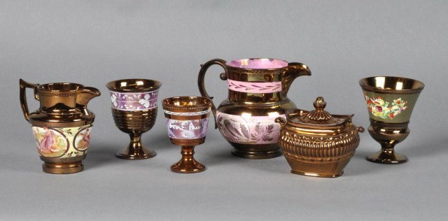 Lot of six Victorian copper luster porcelain: Lot of six Victorian copper luster porcelain consisting of two decorated pitchers, a covered sugar bowl and three chalices, all but the sugar bowl is hand decorated