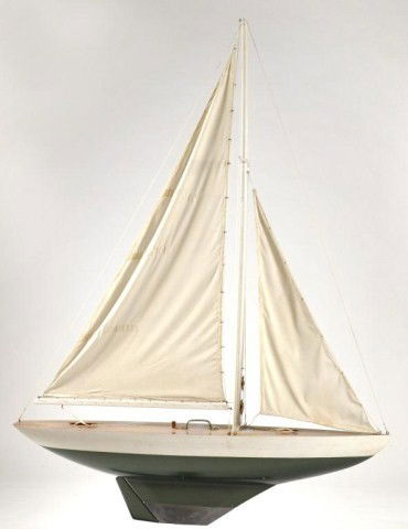 Large Pond Boat, built by John McKeon in 1935: Large Pond Boat, built by John McKeon in 1935, rebuilt in 1983 fully rigged with sails mounted on stand. 59" l, apprx. 82"h with base