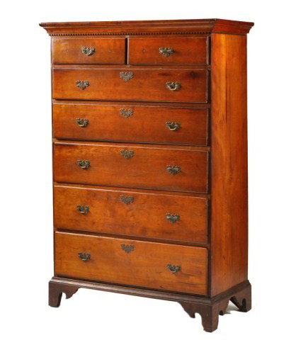 Country Chippendale cherry chest of drawers: Country Chippendale cherry chest of drawers with dentil molded cornice over two short drawers above five long drawers, on bracket base, 58 1/2"h x 40"w x 18"d