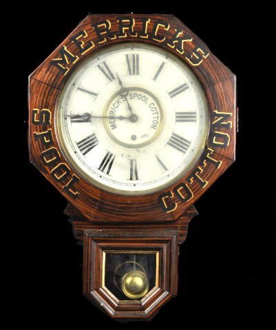 New Haven eight day regulator wall clock: New Haven eight day regulator wall clock advertising "Merricks Spool Cotton" on dial and case. 34 3/4" H x 16 1/2" W