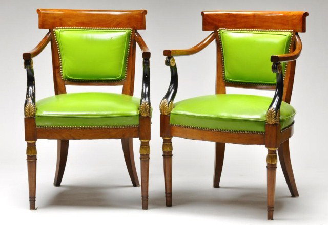 Pair of partial gilt Regency period armchairs: Pair of partial gilt Regency period armchairs with cherry wood frame having ebonized and gilt scroll arms, upholstered in green leather