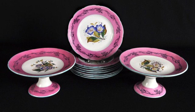 Ten piece English hand decorated wild flower motif: Ten piece English hand decorated wild flower motif porcelain dessert service by Powell & Bishop, consisting of a pair of compotes and eight dessert plates, 9"d
