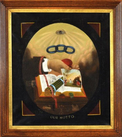 American School (19th/20th century) Odd fellows: American School (19th/20th century) Odd fellows motto, unsigned. Oil on canvas, 23" X 20" framed