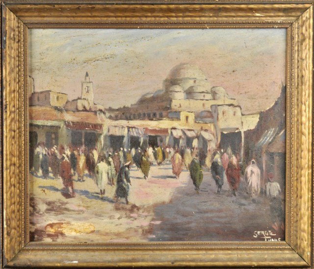 European School (20th century) Middle Eastern: European School (20th century) Middle Eastern Market, signed illegibly, L.R. Oil on panel, 15" X 18" framed
