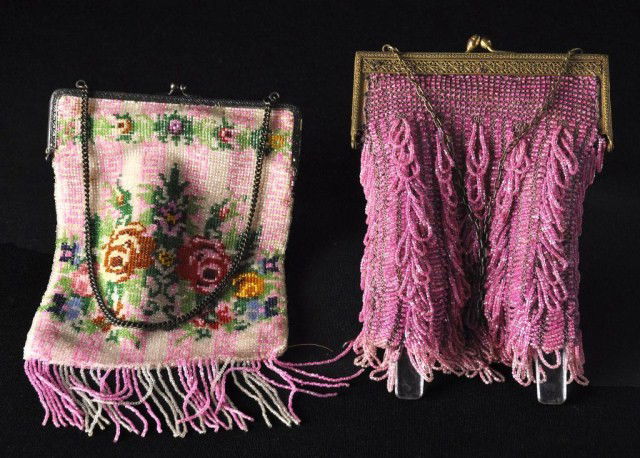 Lot of Two vintage beaded bags: Lot of Two vintage beaded bags, one with roses and greek key pattern with brass frame, the other pink with silvered frame
