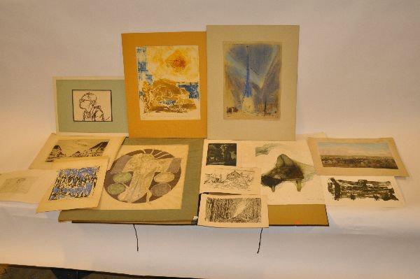 Grouping of unframed artwork on paper: Grouping of unframed artwork on paper including wood cuts, drawings, etchings, etc. in portfolio plus one frame.