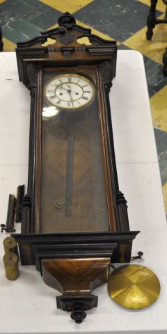 19th century vienna regulator weight driven wall: 19th century vienna regulator weight driven wall clock, with original weight pendulum and pullies. H: 52"