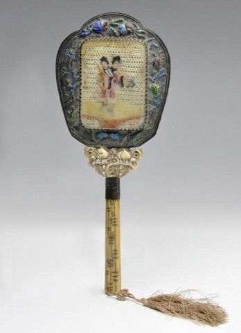 Chinese Canton enamel decorated and ivory hand-mirr: Chinese Canton enamel decorated and ivory hand-mirror, Republic period