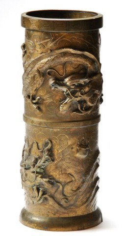 Japanese bronze lobed umbrella stand: Japanese bronze lobed umbrella stand with writhing dragon, 24"h x 10"d