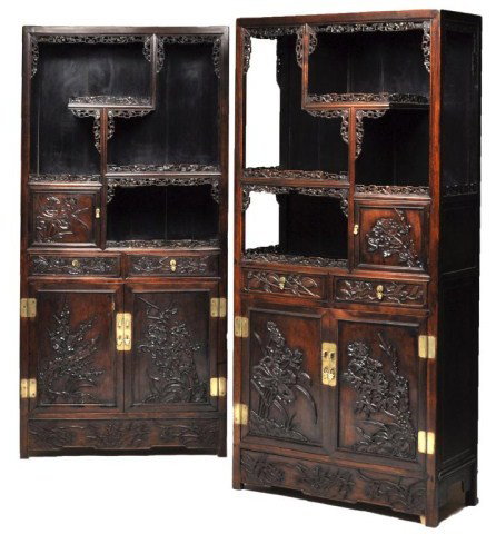 Pair of Carved Chinese Late Qing Dynasty 19th cent: Pair of Carved Chinese Late Qing Dynasty 19th century, hardwood possibly zitan wood cabinets with raised panel sides, stepped pierced galleried shelves with bat & cloud motif, upper cabinet and base d