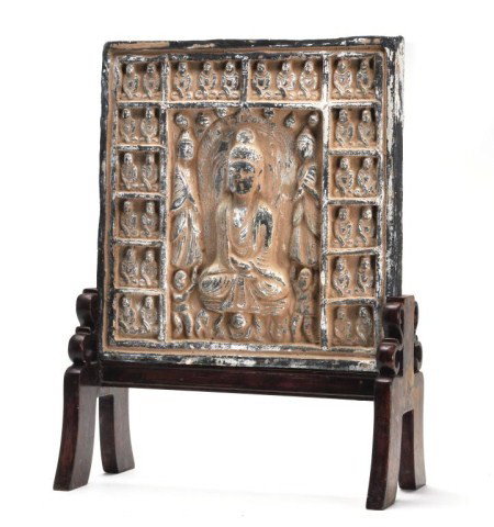 Chinese pottery screen with figures: Chinese pottery screen with figures in a fitted stand. H: 10 7/8" W: 10 1/2"