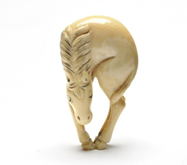Japanese ivory netsuke, Meiji period, of a horse, : Japanese ivory netsuke, Meiji period, of a horse, signed. H: 2 1/8"