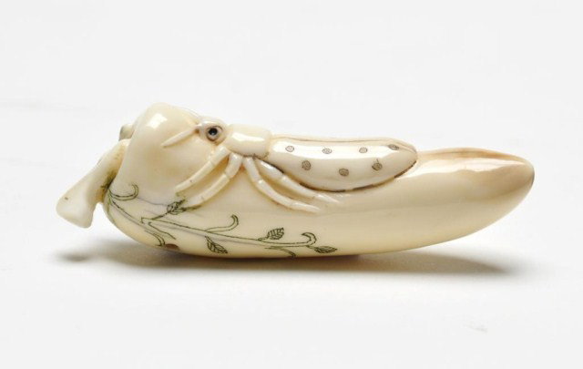 Early 20th century Japanese ivory netsuke: Early 20th century Japanese ivory netsuke of an insect on a vegetable with applied green decoration, signed. L: 3"