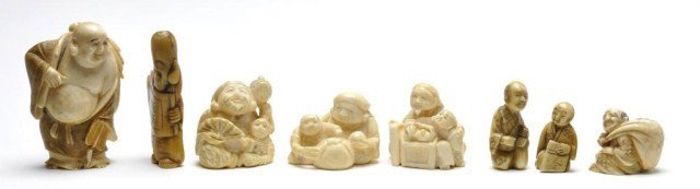Group of eight various Netsukes, mostly ivory: Group of eight various Netsukes, mostly ivory, some signed