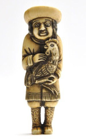 Japanese ivory figural netsuke, probably Meiji: Japanese ivory figural netsuke, probably Meiji period, carved as a foreigner holding a rooster, stained details. H: 2 3/4"