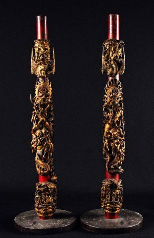Pair of Chinese stands: Pair of Chinese stands with applied intricately carved gilt wood panels of figures and dragons. H: 32"