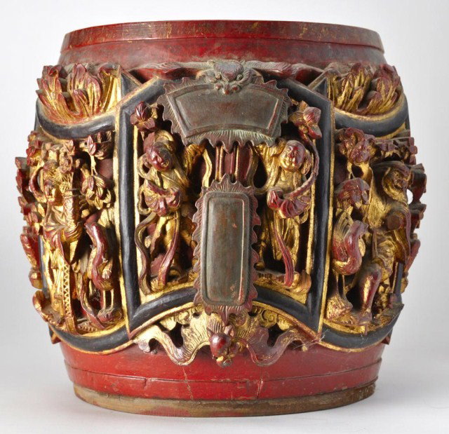 Chinese barrel with carved gilt wood of figures: Chinese barrel with carved gilt wood of figures and copper lining