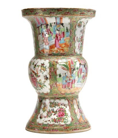 Chinese Export Rose Medallion baluster form vase: Chinese Export Rose Medallion baluster form vase with scenes of figures and overall floral decorations