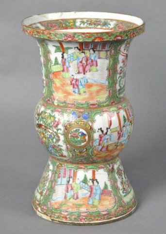 Chinese Export Rose Medallion baluster form vase: Chinese Export Rose Medallion baluster form vase with scenes of figures and overall floral decorations. H: 16"