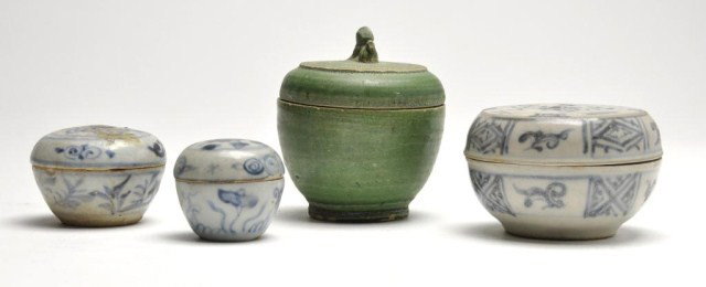 Group of four Vietnamese ceramic covered boxes: Group of four Vietnamese ceramic covered boxes, 15th century, largest 3 1/4"d, one in green glaze