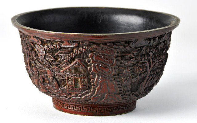 Cinnabar bowl with brass rim and foot: Cinnabar bowl with brass rim and foot, 6 1/2" d