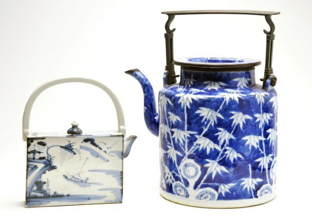 Lot of two Asian porcelains: Lot of two: Chinese late 19th century blue and white porcelain teapot in bamboo motif mounted with cast bronze handle, lid and spout rims, 10 1/2"h and a rectangular teapot with arched handle, 7 1/4"h