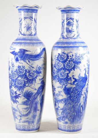 Chinese Monumental or Palace size pair: Chinese Monumental or Palace size pair of blue and white porcelain vases decorated with peacocks and flowers 20th century. 72" high