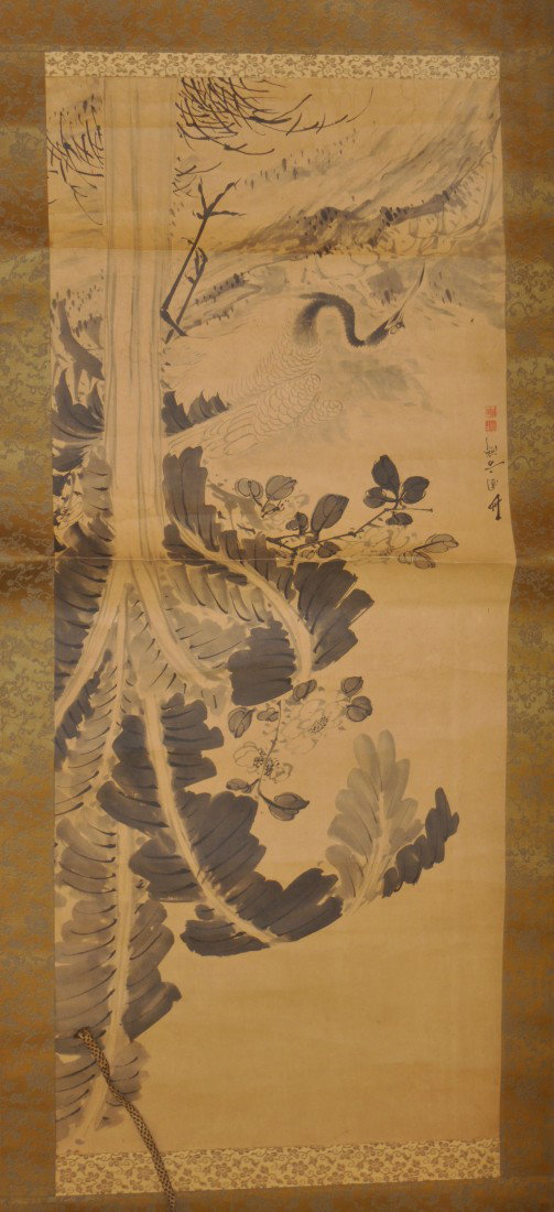 19th century Japanese Kakemono: 19th century Japanese Kakemono in black and white of a bannana tree and heron, by Hosai Nishizono, 37 1/2" X 15 1/2"