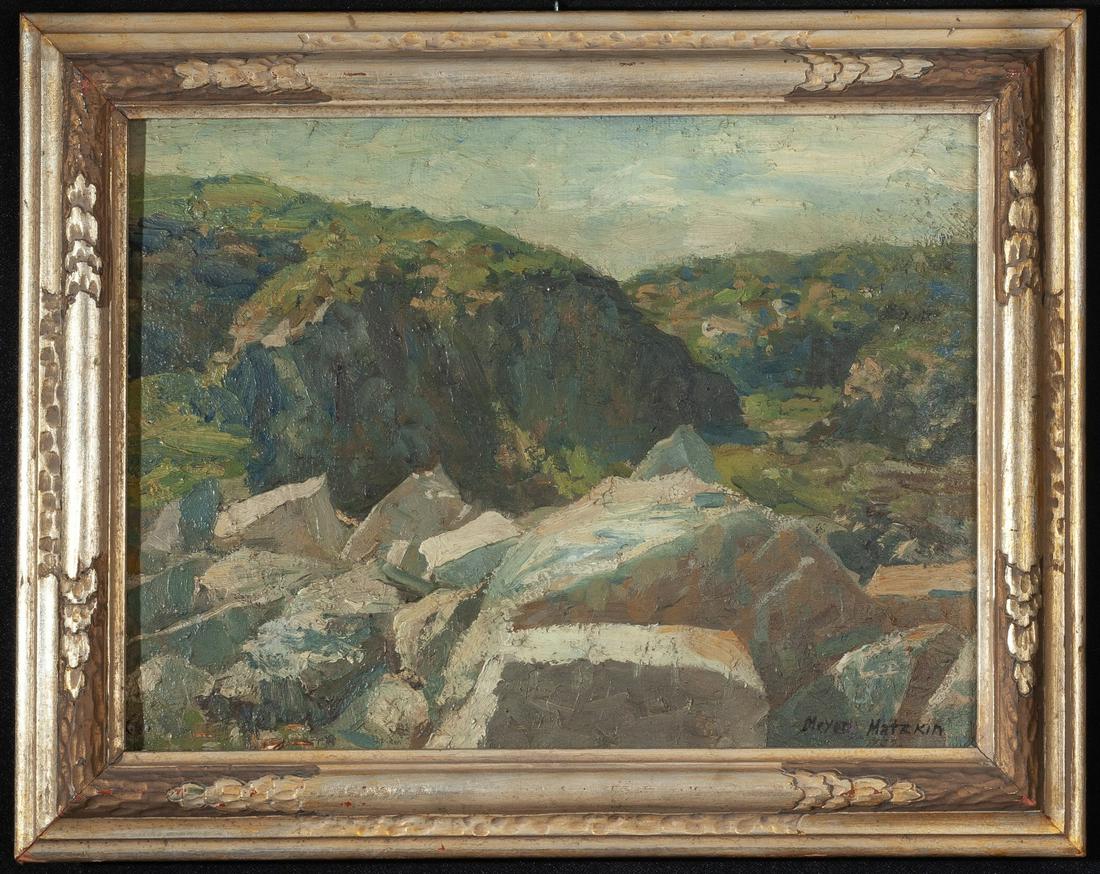 MEYER MATZKIN (1880-1976) "Rocky Countryside": "Rocky Countryside" oil on board 15 1/2 x 19 1/2 inches (overall) Presented in a carved silver leaf frame