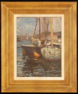 MEYER MATZKIN (1880-1976) "Gloucester Wharf": "Gloucester Wharf" oil on canvas laid to board 23 1/2 x 19 1/2 inches (overall including Stanford White style frame)