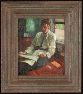 MEYER MATZKIN (1880-1976) "Man Reading": "Man Reading" oil on board 17 1/4 x 15 1/4 inches (overall including Stanford White style frame)