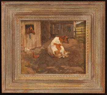 MEYER MATZKIN (1880-1976) "Farmyard": "Farmyard" oil on artist board. 15 x 17 inches (overall including custom Stanford White style frame)