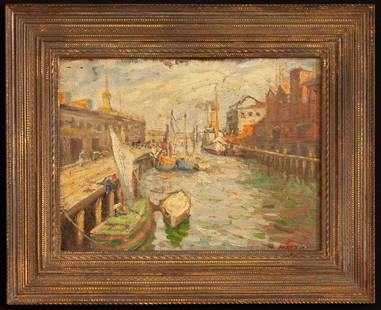 MEYER MATZKIN (1880-1976) "Boston": "Boats Tied to Long Wharves / Possibly Boston" oil on canvas laid to panel. 18 x 22 inches (overall including Stanford White style frame)