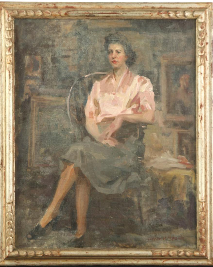 MEYER MATZKIN (1880-1976) "Evelyn Matzkin": "Evelyn Matzkin Seating in the Studio" 22 5/8 x 18 1/2 inches. signed. framed