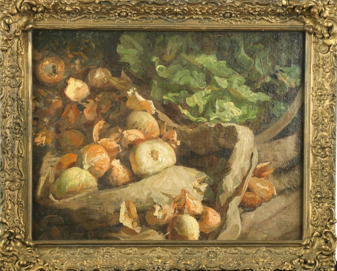 MEYER MATZKIN (1880-1976) "Still Life": "Still Life with Onions" oil on canvas board 17 3/8 x 21 3/8 inches. framed