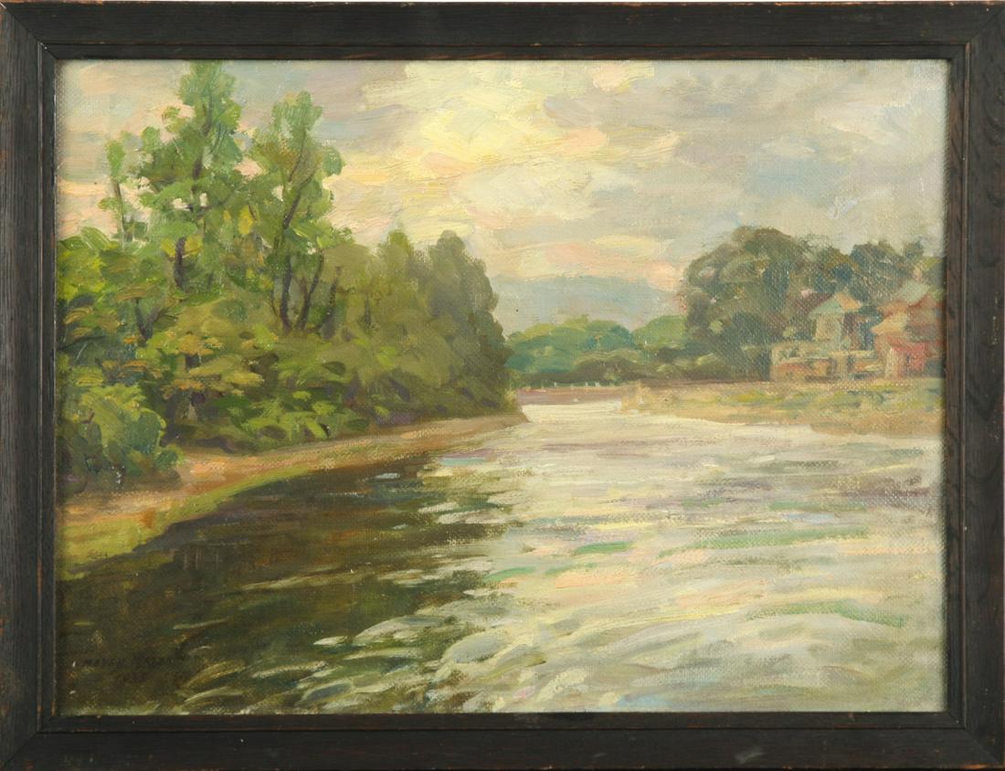 MEYER MATZKIN (1880-1976) "Riverview": "Riverview" oil on canvas laid to board. 13 3/4 x 18 inches. signed and dated 1935. framed
