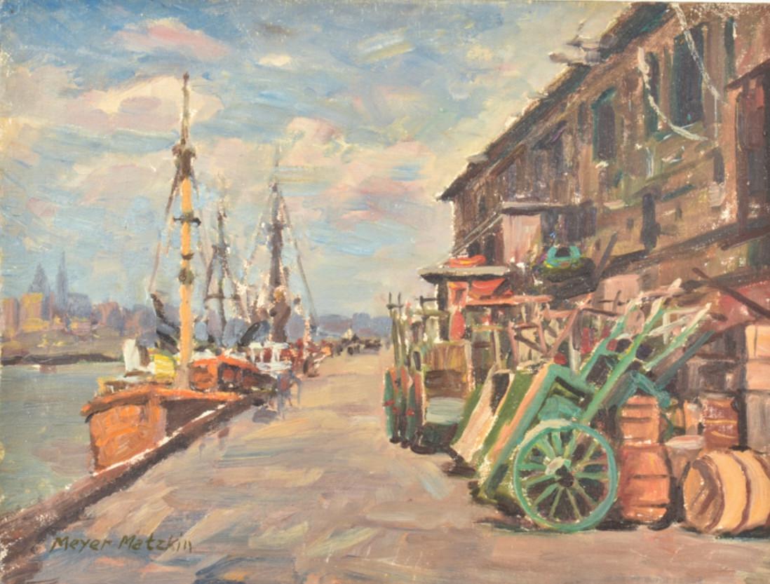 MEYER MATZKIN (1880-1976) "Boston Fish Pier": "Sunday Morning Boston Fish Pier" oil on canvas board 14 x 17 3/4 inches. signed and dated 1948. .