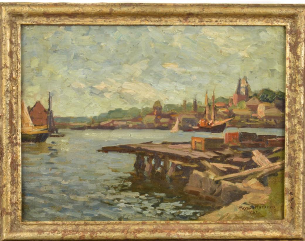 MEYER MATZKIN (1880-1976) "Gloucester Harbor": "Gloucester Harbor" oil on canvas board 14 x 18 inches. signed and dated 1937. Presented in a custom frame