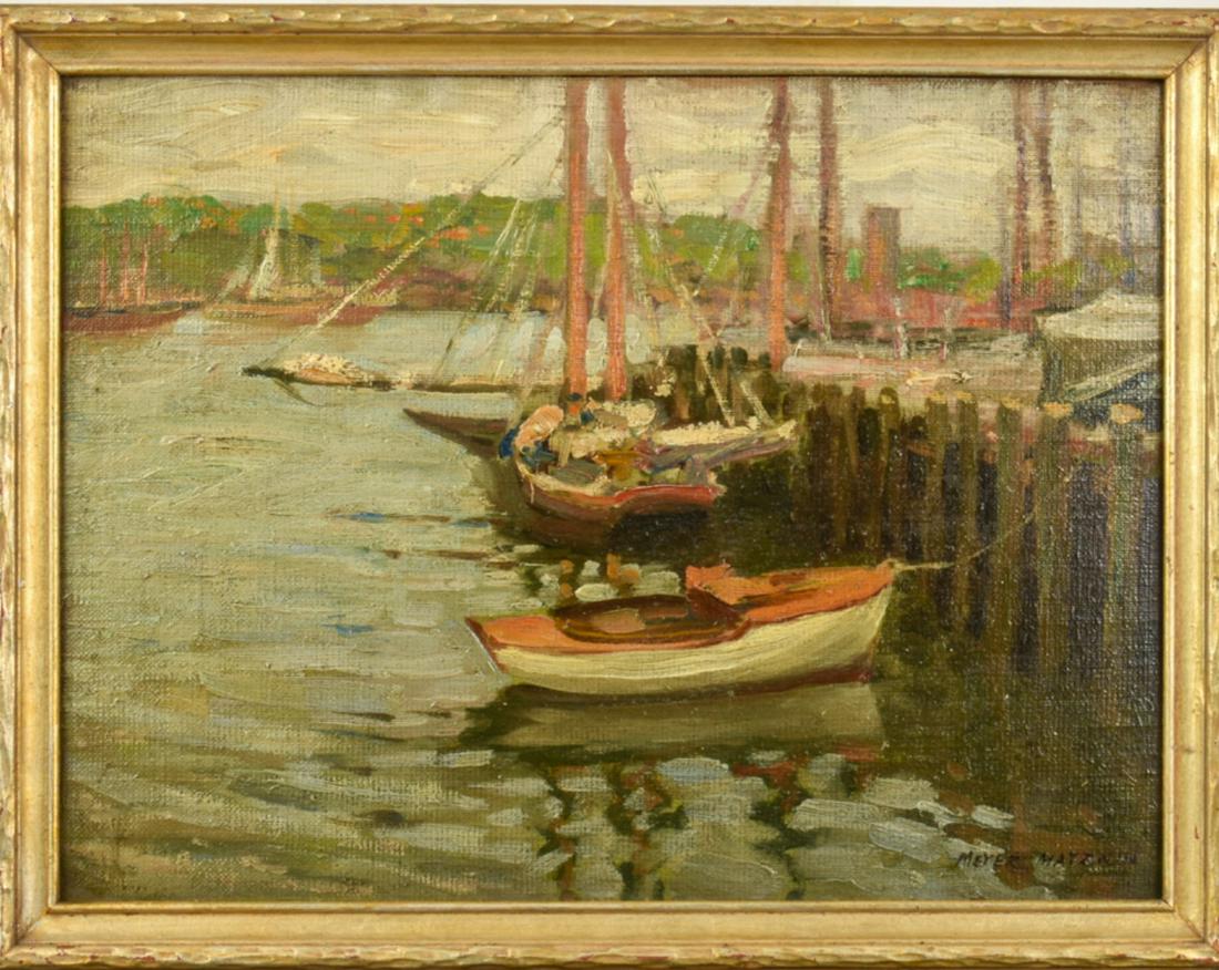 MEYER MATZKIN (1880-1976) "Gloucester Harbor": "Gloucester Harbor" oil on canvas board 13 3/4 x 17 3/4 inches. signed