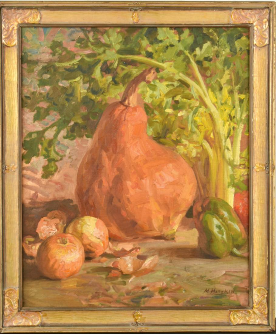 MEYER MATZKIN (1880-1976) "Still Life /Vegetables": "Still Life with Vegetables" oil on canvas laid to board 25 1/2 x 21 1/2 inches. framed