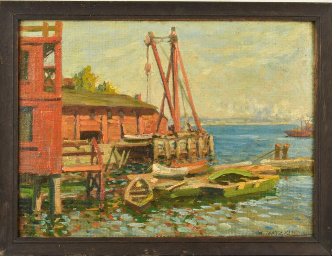 MEYER MATZKIN (1880-1976) "Fishing Pier": "Fishing Pier" oil on canvas board 13 3/4 x 18 inches. signed. framed