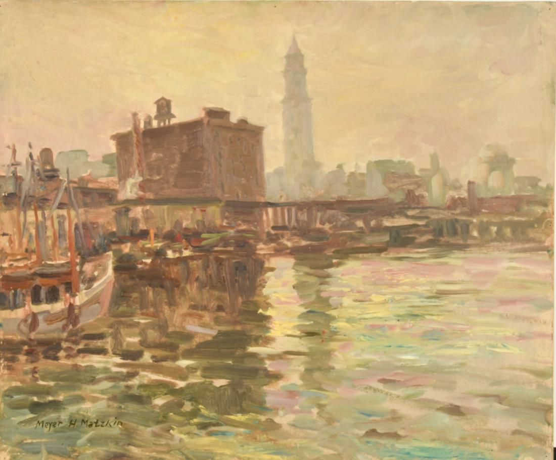 MEYER MATZKIN (1880-1976) "Seaport Boston": "Seaport Boston with Customs House" oil on canvas board 20 x 24 inches.