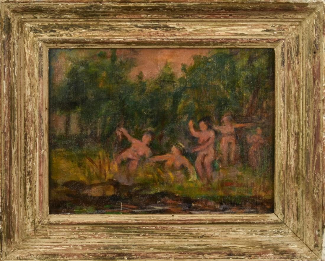 MEYER MATZKIN (1880-1976) "Taking a Dip": "Taking a Dip" oil on canvas laid to board 13 1/4 x 16 1/4 inches. unsigned. framed