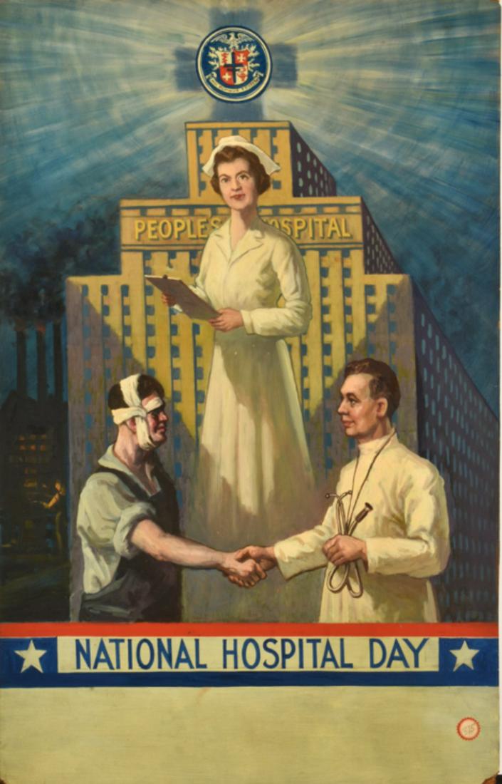 MEYER MATZKIN (1880-1976) "People's Hospital": "People's Hospital / National Hospital Day" casein on Masonite. 33 1/4 x 21 inches. label verso
