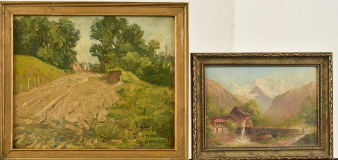 MEYER MATZKIN (1880-1976) & a Second European Work: "Summer Road to Town" oil on board 11 x 12 3/4 inches. Together with European School "The Jungfrau" oil on board 7 1/2 x 10 inches
